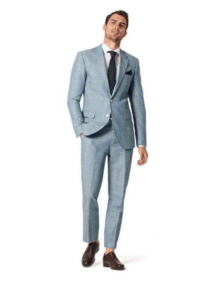 Traje de novio azul claro de algodón-lino a cuadros