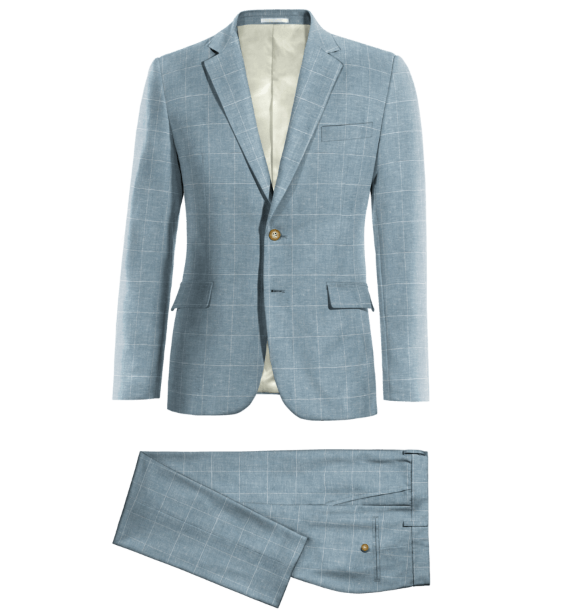Traje de novio azul claro de algodón-lino a cuadros
