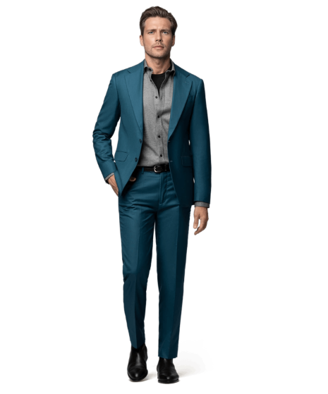 Traje de novio color verde azulado