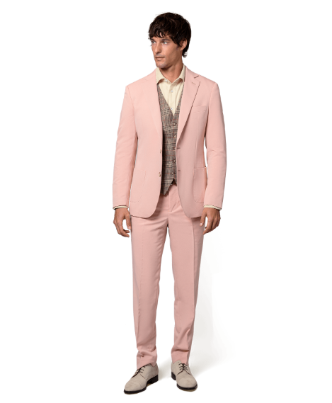 Traje de novio color rosa tres piezas